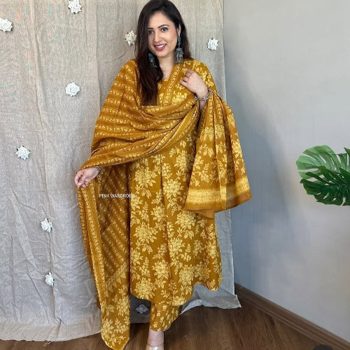 COTTON KURTI WITH PANTS AND DUPATTA SET WOMEN