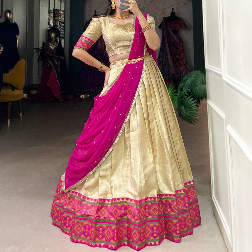JACQUARD WEAVING MEETS KANJIVARAM IKKAT LEHENGE